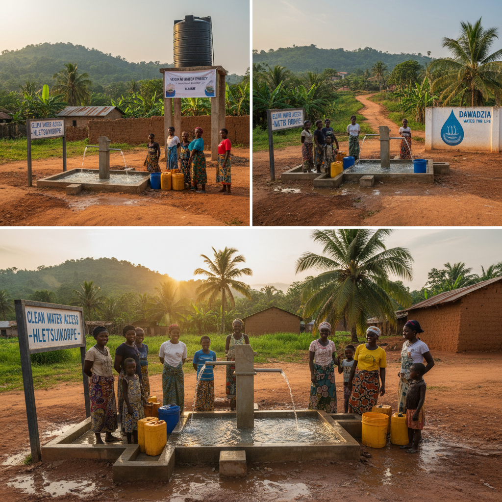 Rural Zimbabwe community water point, green landscape, people gathering water, bright daylight
