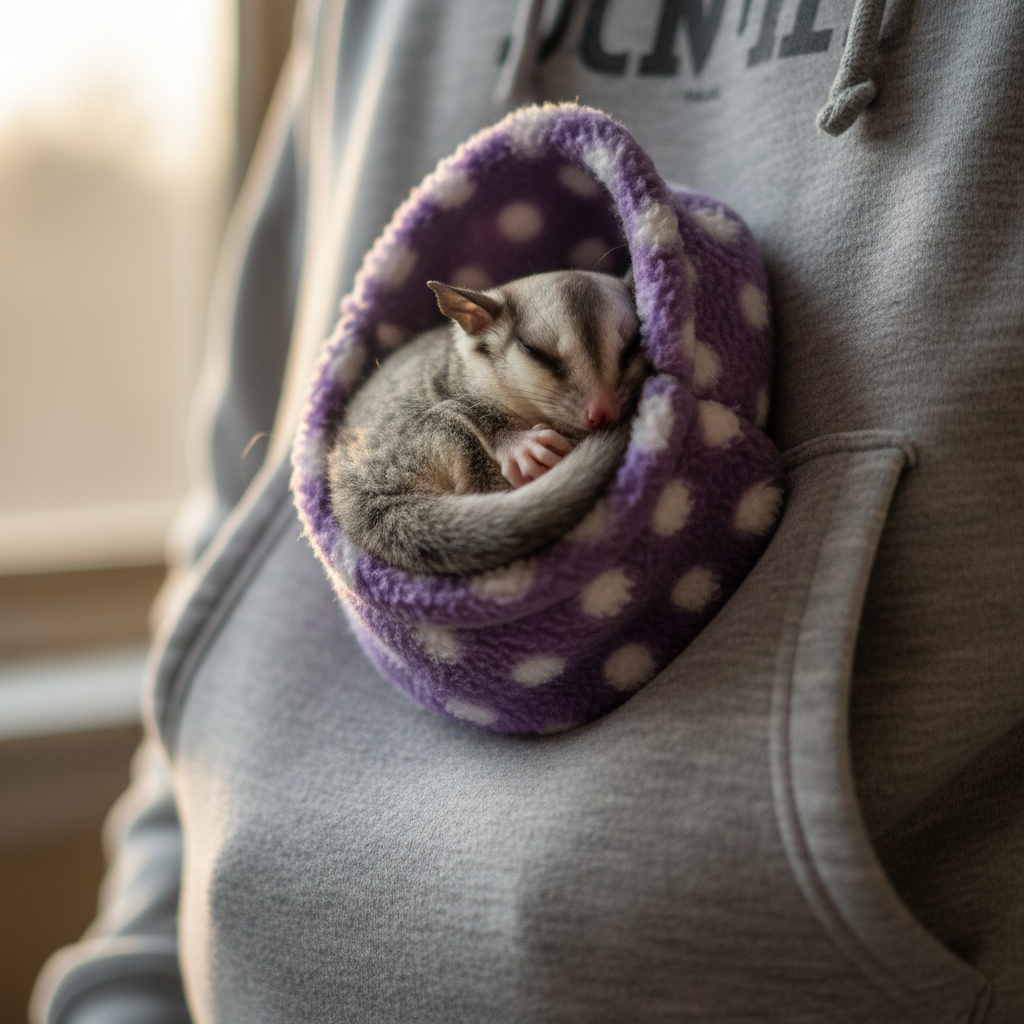 Small furry animal nestled inside a fleece bonding pouch tucked into a hoodie pocket