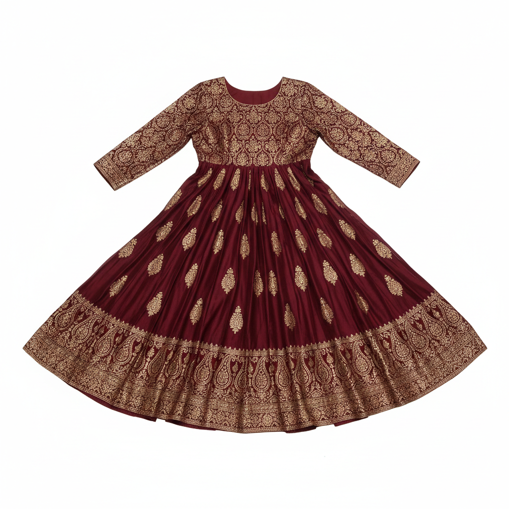 Block print anarkali suit in rich fabric on dark background