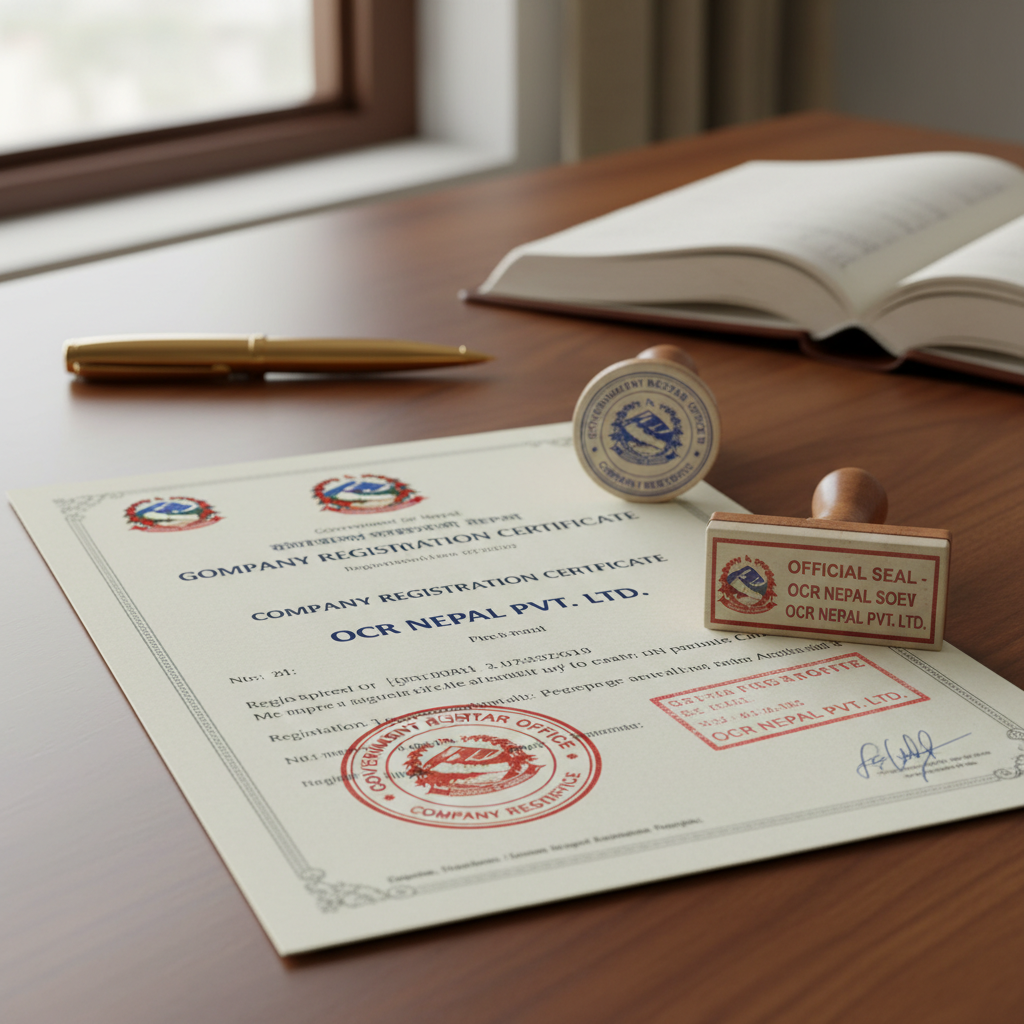Business registration documents and official stamps representing OCR Nepal company registration