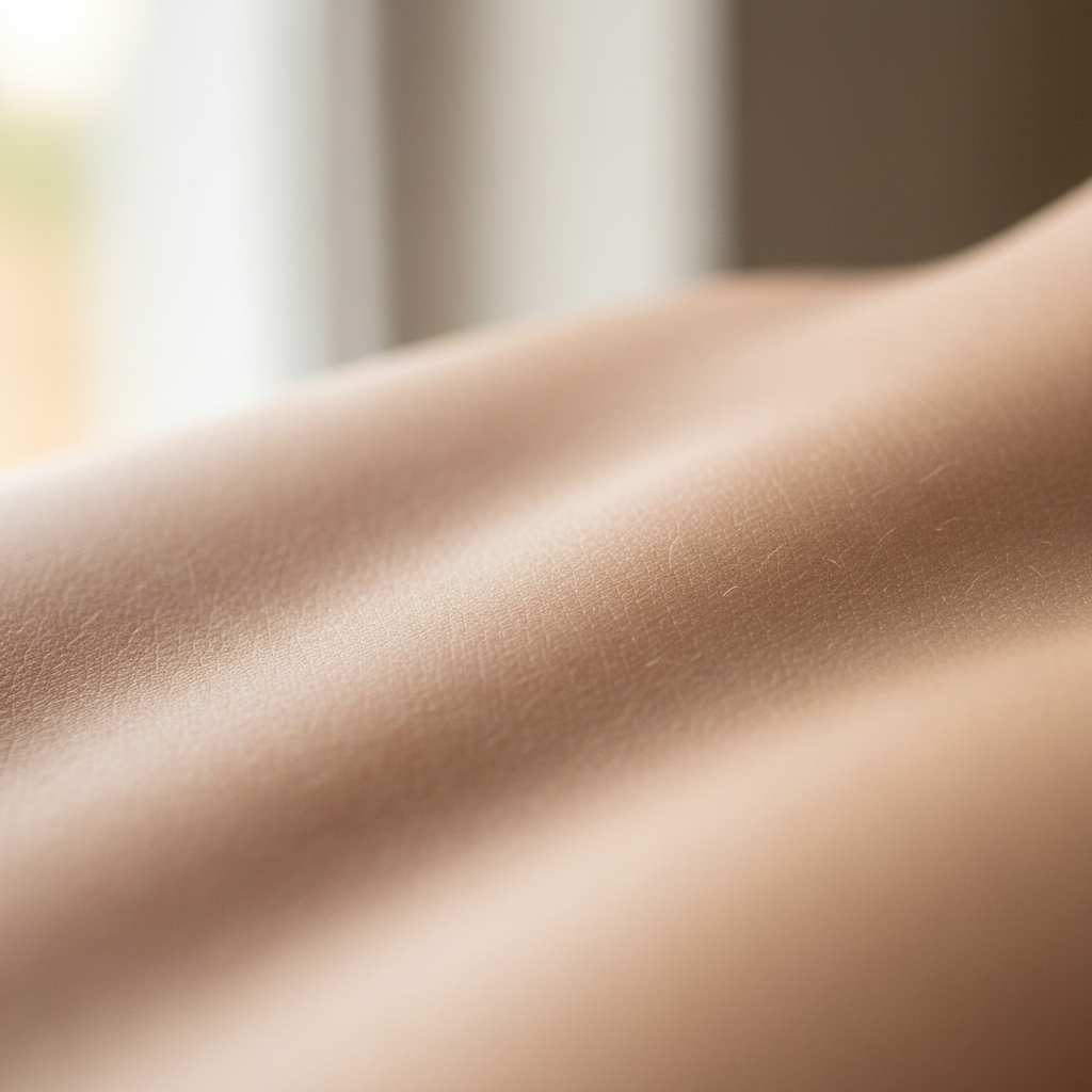 Close-up of smooth, healthy facial skin with soft natural lighting and warm tones