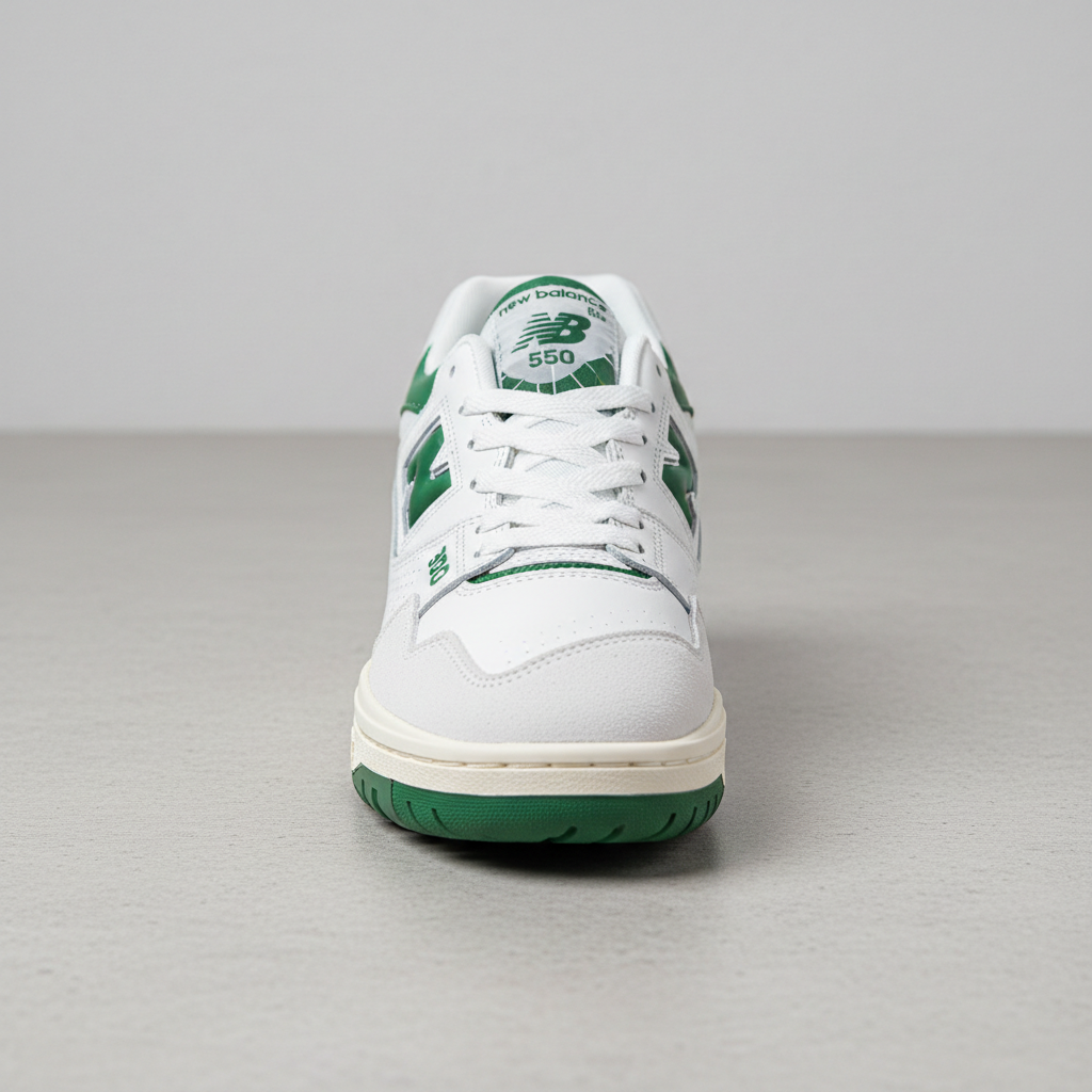 White New Balance 550 retro basketball sneaker on minimal surface