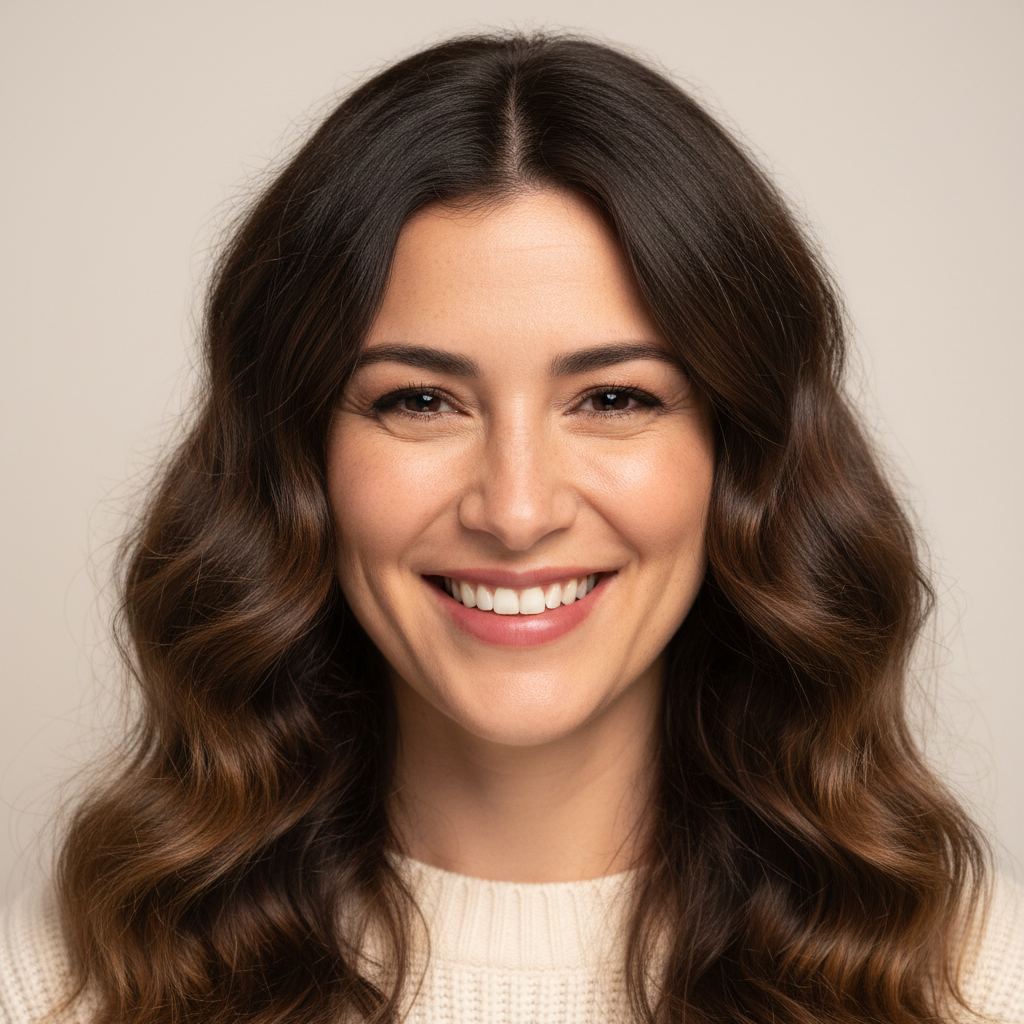 Young woman with brown hair smiling in bright daylight studio setting