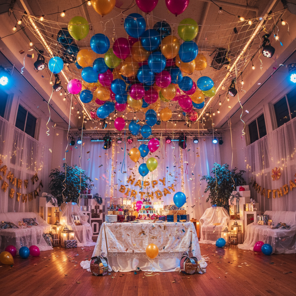 Renkli balonlar ve çiçeklerle süslenmiş doğum günü masası, pasta, dekoratif süslemeler, parlak renkler, şenlikli ortam