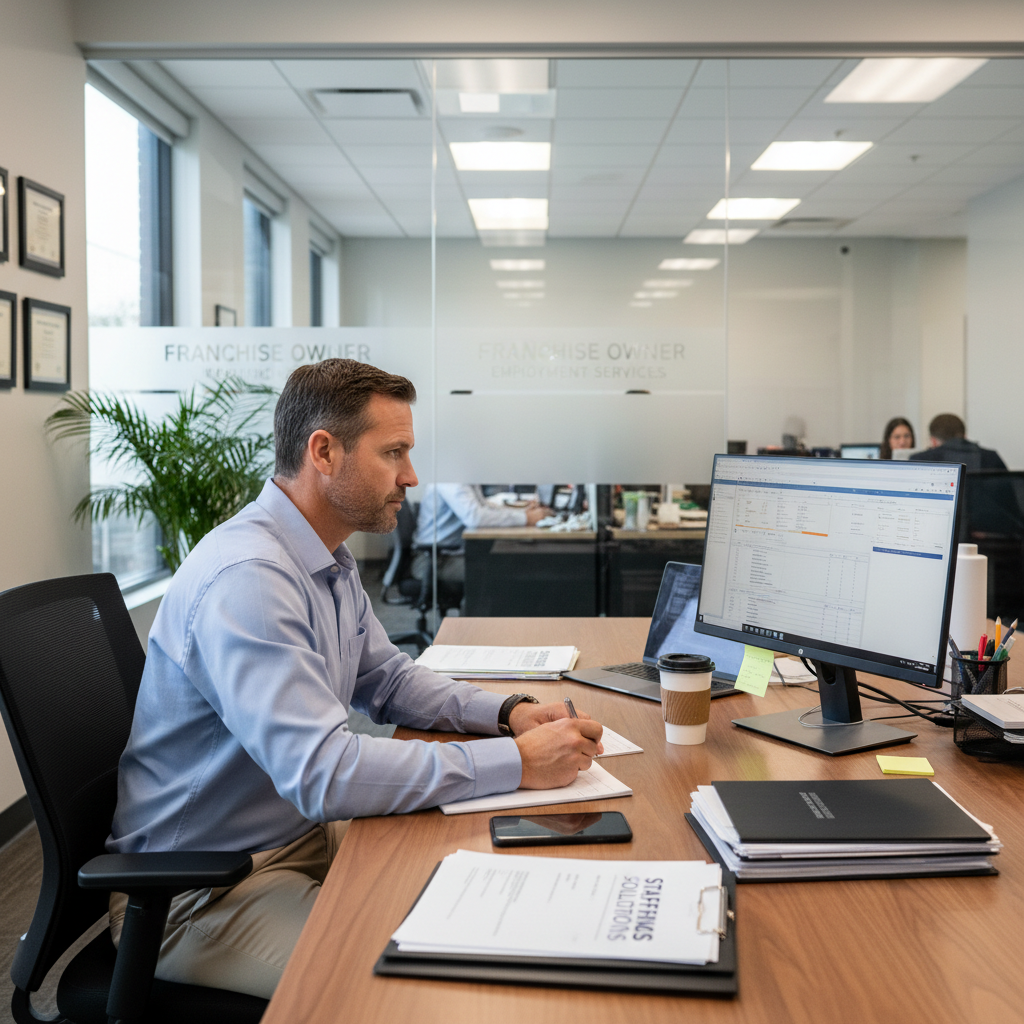 Ray Castillo, franchise owner at his staffing office desk
