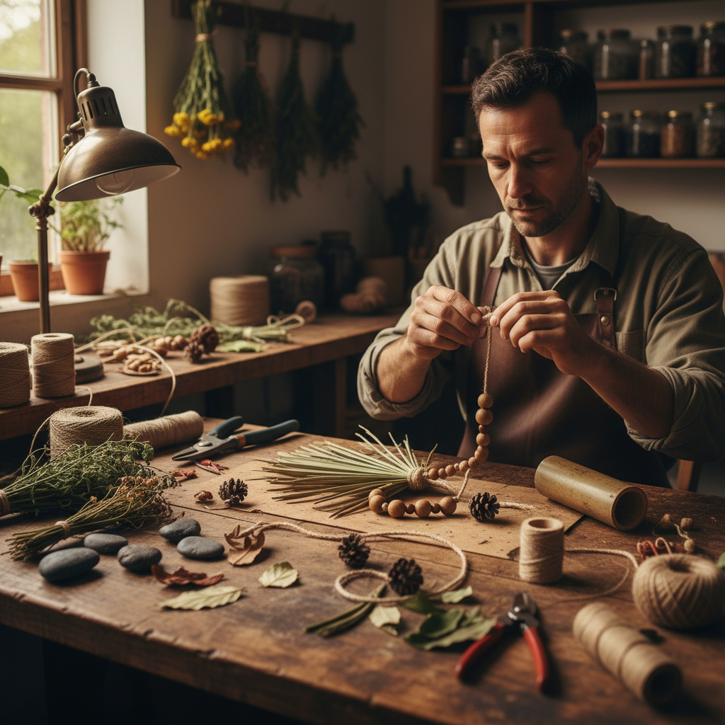 Kenji Okafor crafting a foraging toy from natural materials at a wooden workbench