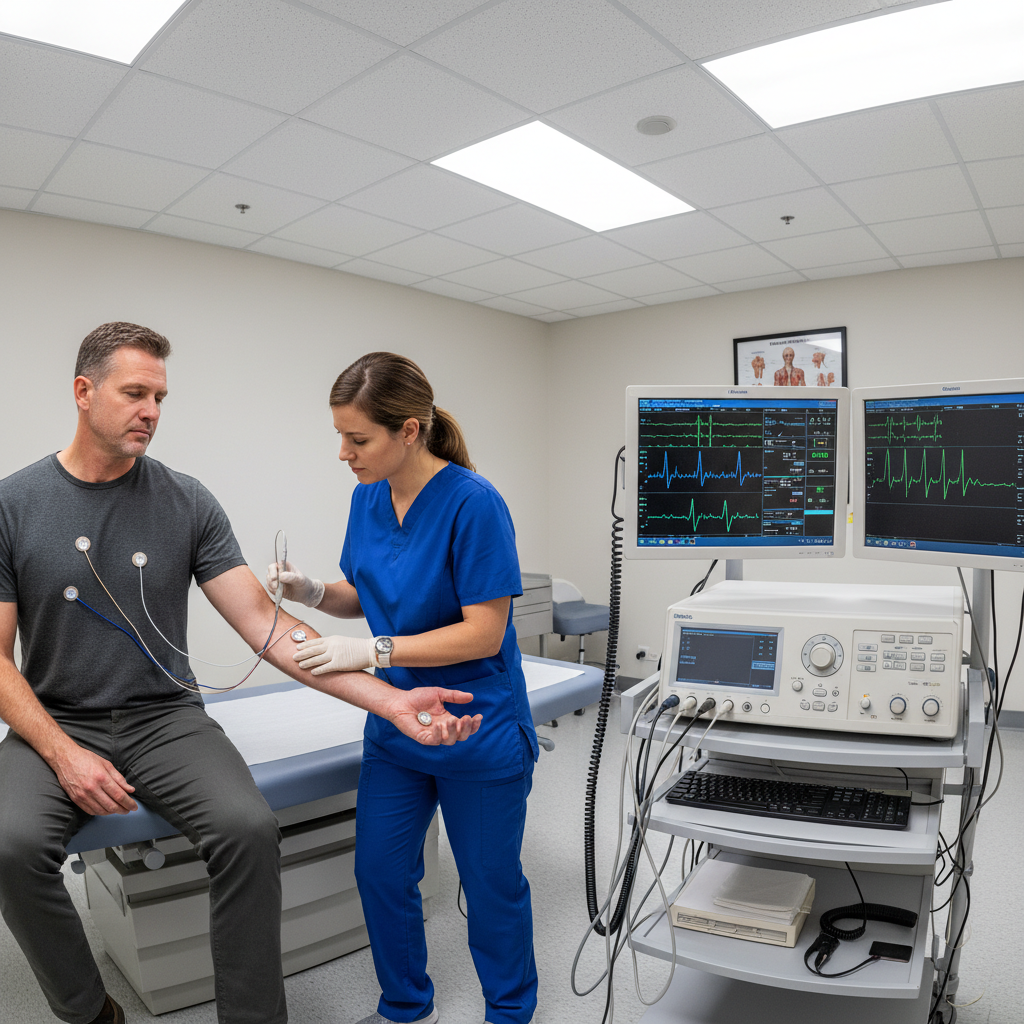 Neurologist performing nerve conduction study on patient arm with electrodes in clinical setting