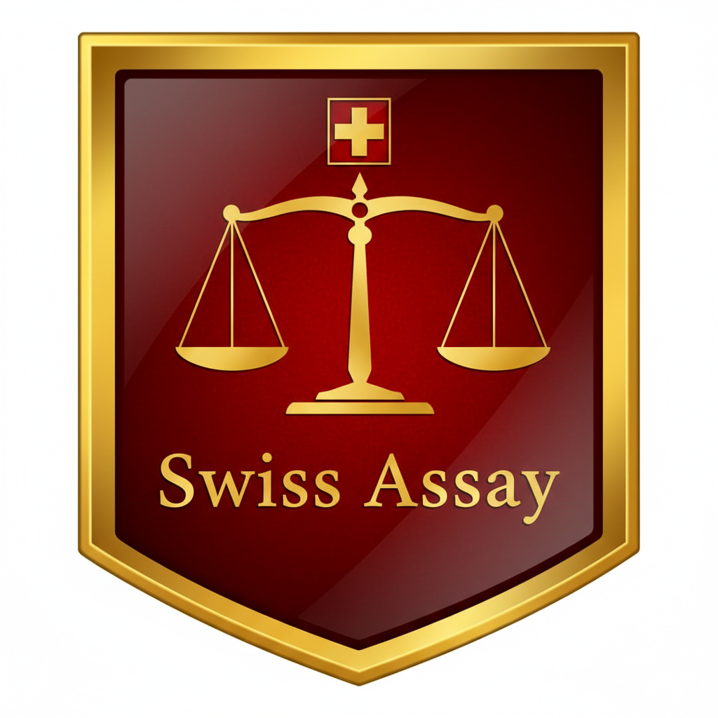 Swiss Assay logo with precision scales and Swiss cross in gold and red colors