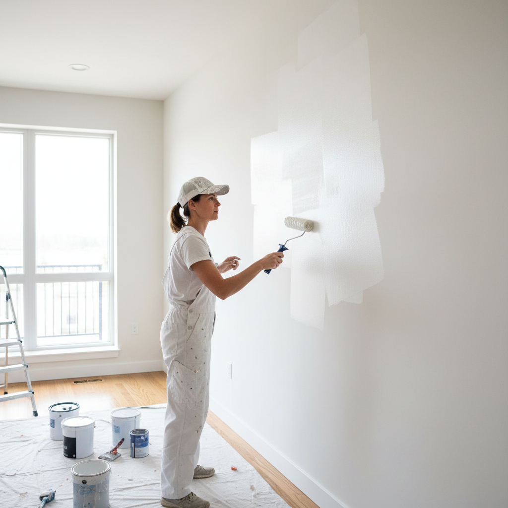 Peintre en salopette appliquant de la peinture blanche sur un mur avec un rouleau