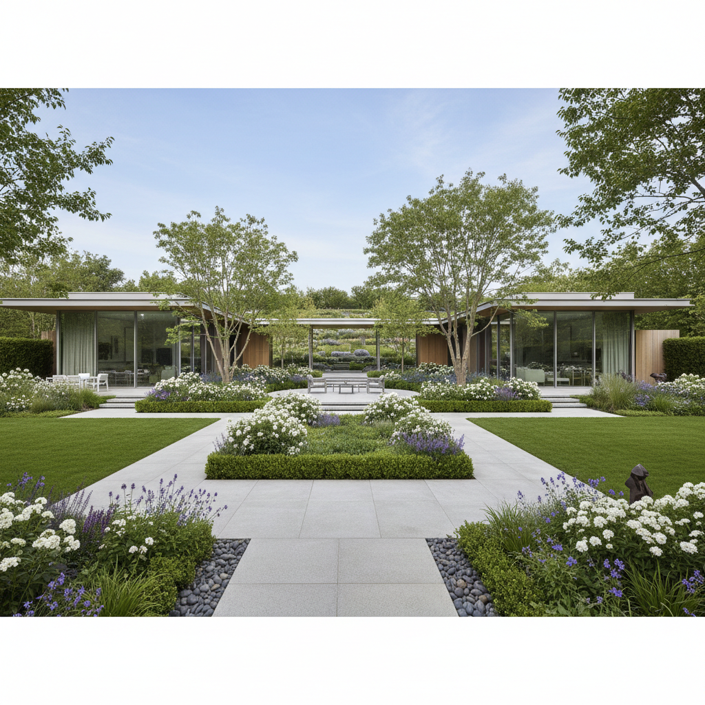 Completed modern residential home, neat facade, landscaped front, bright daylight
