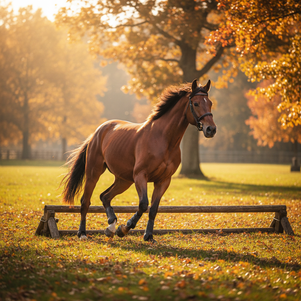 Bay warmblood hunter in full work during autumn, well-muscled and forward-going
