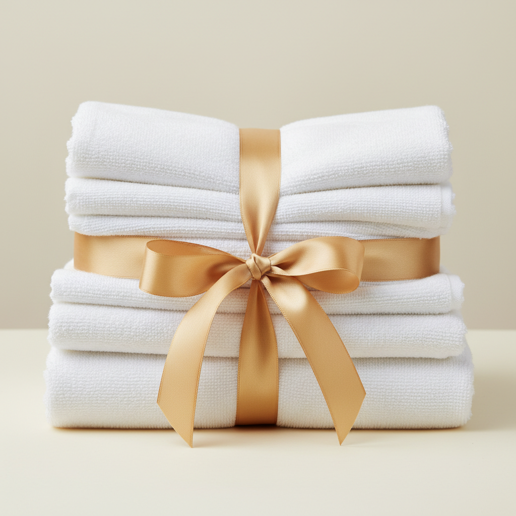 Perfectly folded stack of clean white linens tied with a gold ribbon on a cream background