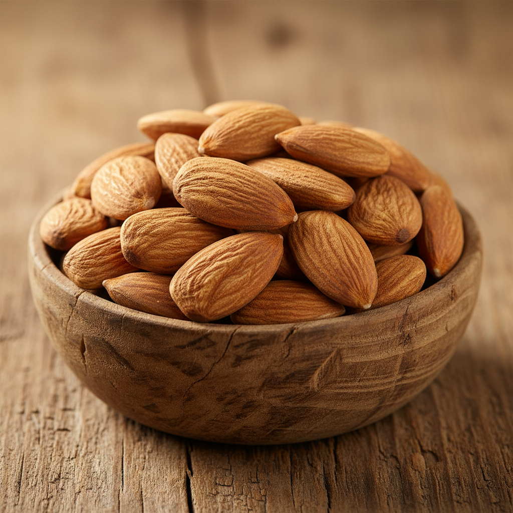 Premium organic almonds in a wooden bowl on a warm surface, soft natural light