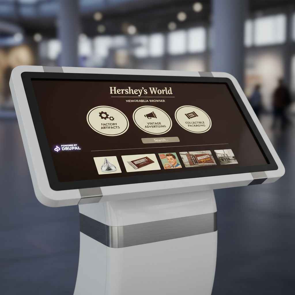 Hershey's World Kiosk touchscreen interface — interactive memorabilia browser with Drupal-powered web services