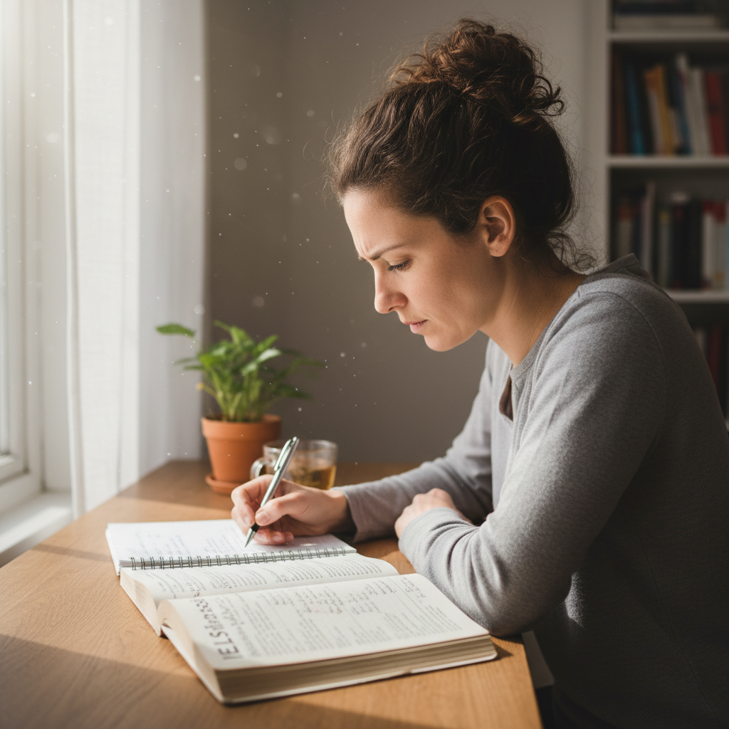 Adult student taking notes from an IELTS preparation guide at a library desk