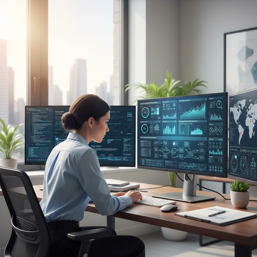 Security compliance analyst reviewing reports and dashboards showing security metrics, compliance status, and audit evidence