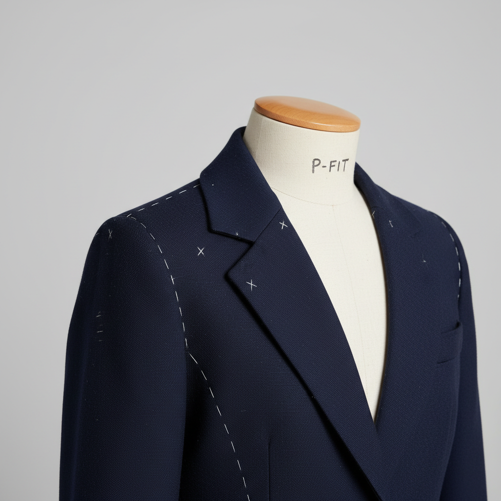 Navy wool blazer flat on paper with shoulder seam pins and chalk lines