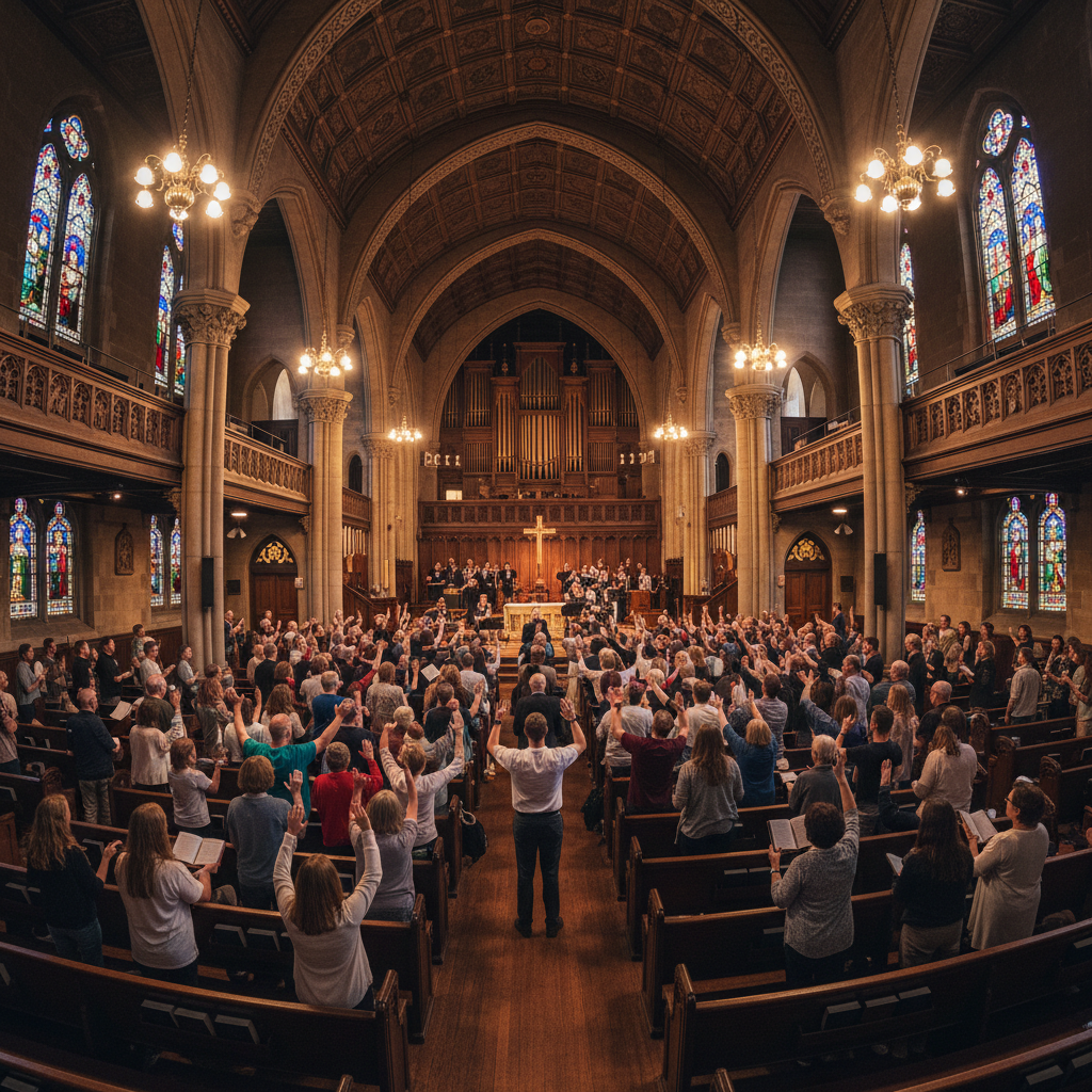 Church interior with dramatic lighting, congregation gathering, spiritual atmosphere, cinematic photography