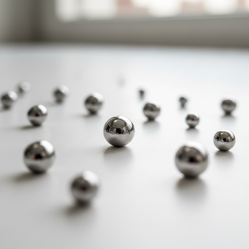 Mercury liquid metal droplets on dark surface, silver metallic spheres reflecting light