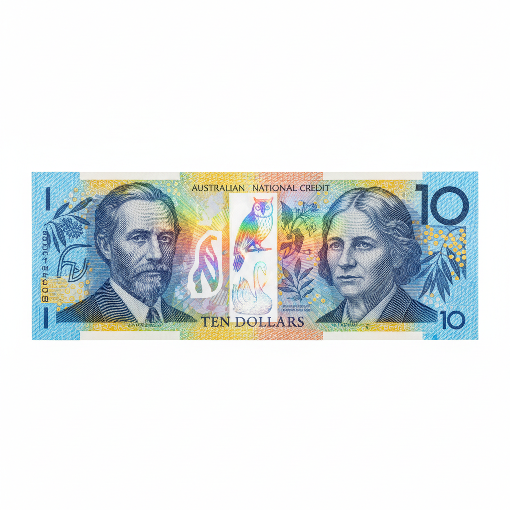 Pristine Australian ten dollar polymer specimen banknote with holographic security features