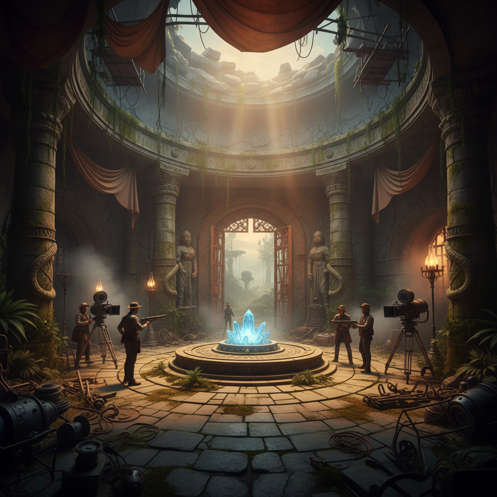 Elaborate movie set with detailed production design and atmospheric lighting