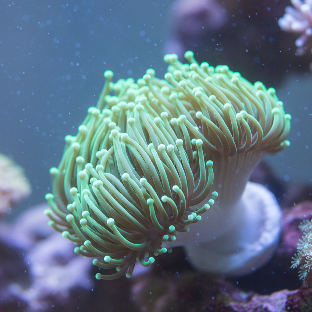 Green torch coral with flowing tentacles swaying in tank current