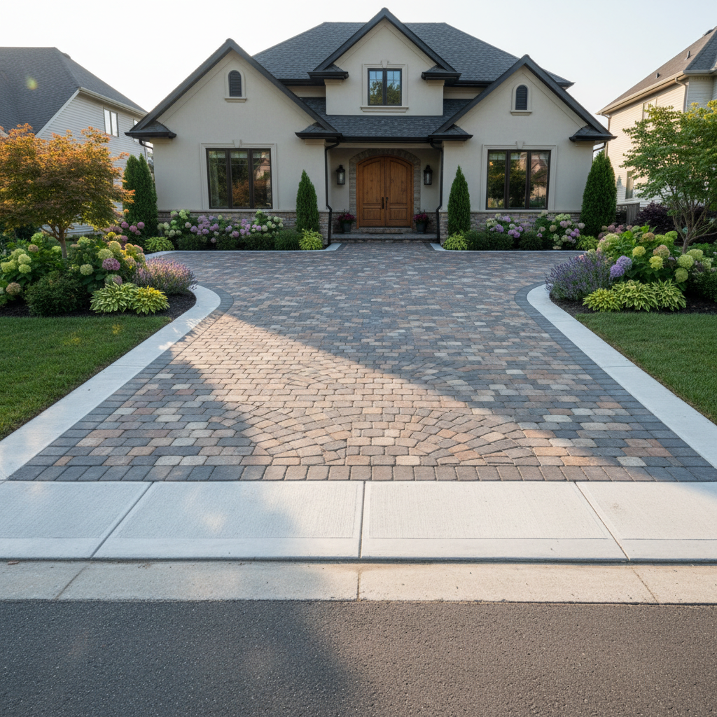 Paver driveway apron with concrete border at residential home entrance
