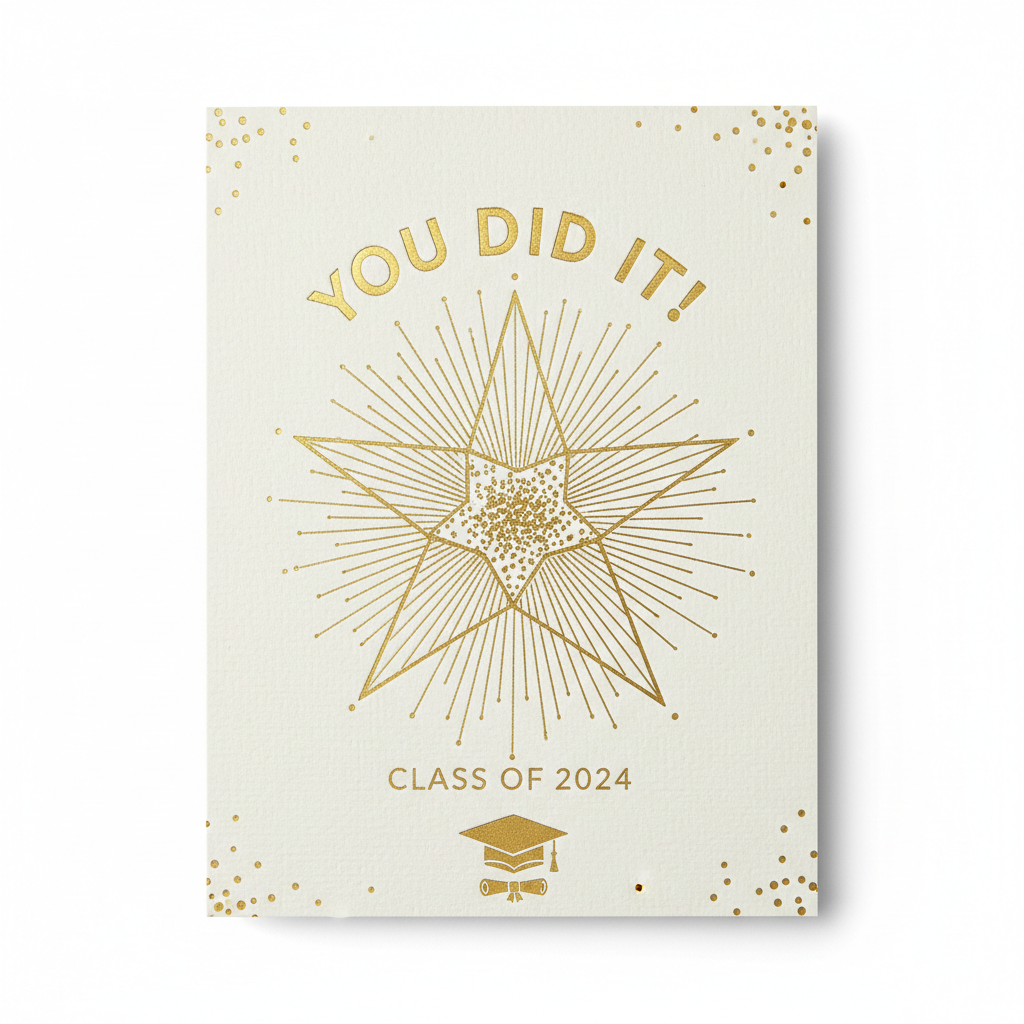 Gold foil star graduation announcement card with celebratory design
