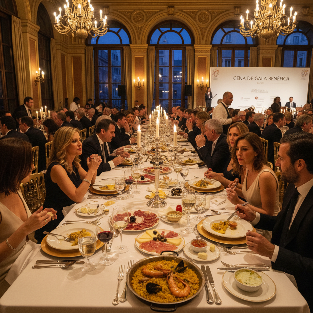 Upscale gala dinner setup with dramatic lighting, white tablecloths, and elegantly plated Peruvian cuisine