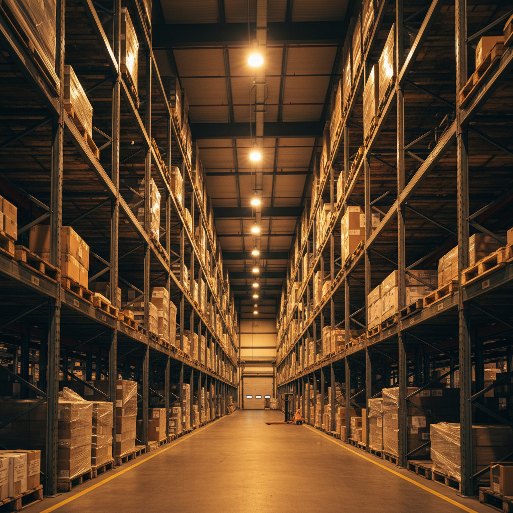 Warehouse interior with shelving racks stretching toward vanishing points, amber overhead lighting