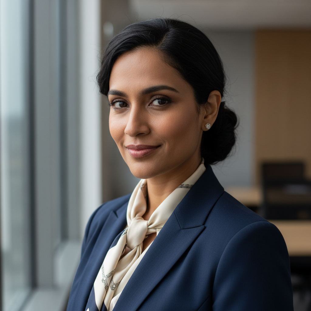 Professional South Asian woman with expressive eyes and professional attire in bright workspace
