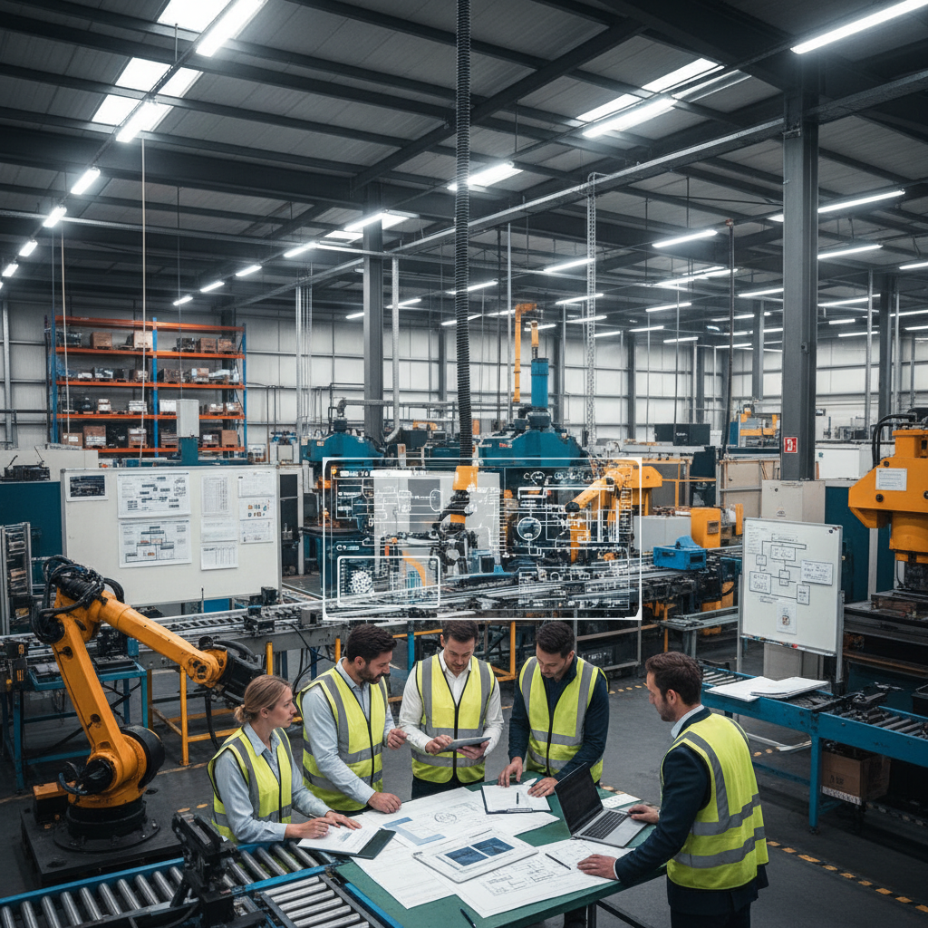 Industrial consulting team analyzing manufacturing data and process workflows on digital displays