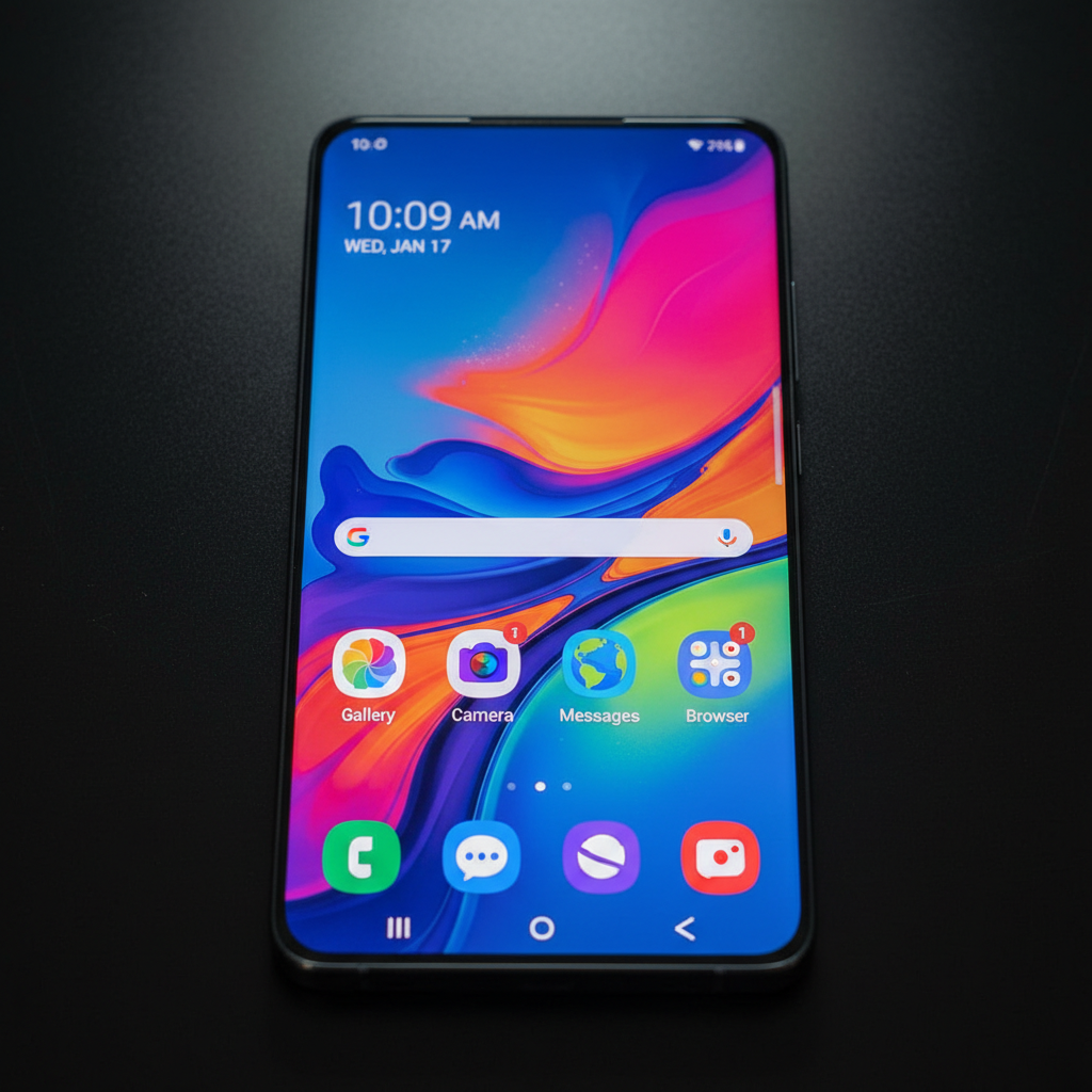 Samsung Galaxy phone with vibrant AMOLED display showing colorful wallpaper