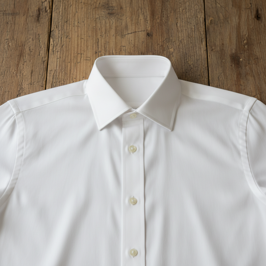White poplin dress shirt with fine collar, close up of button placket