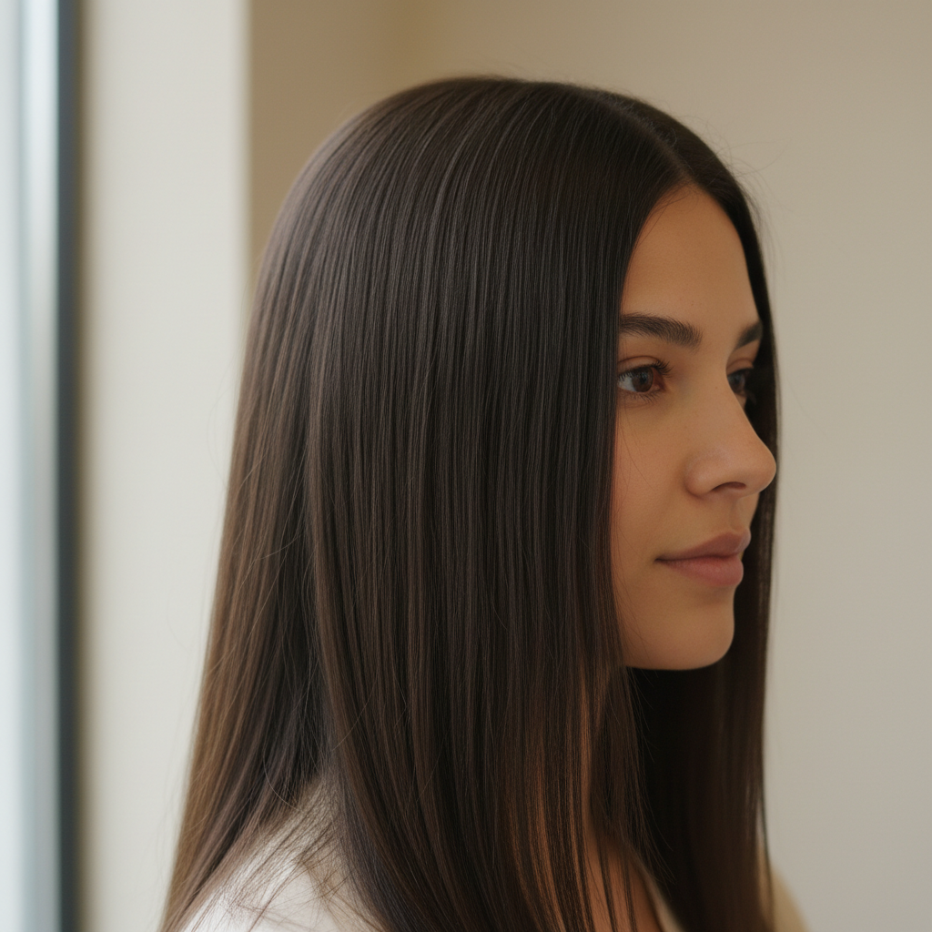 Hair after balayage treatment showing seamless gradient from dark roots to golden blonde ends
