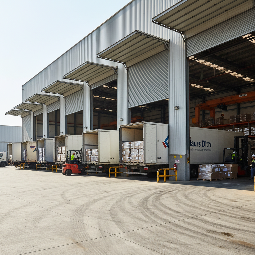 Industrial warehouse loading dock with sectional doors open, logistics trucks waiting for service