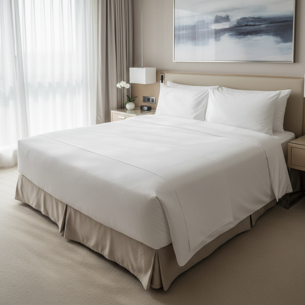 Kamar tidur PM Indah Hotel, tempat tidur rapi berselimut putih, pencahayaan hangat, suasana bersih
