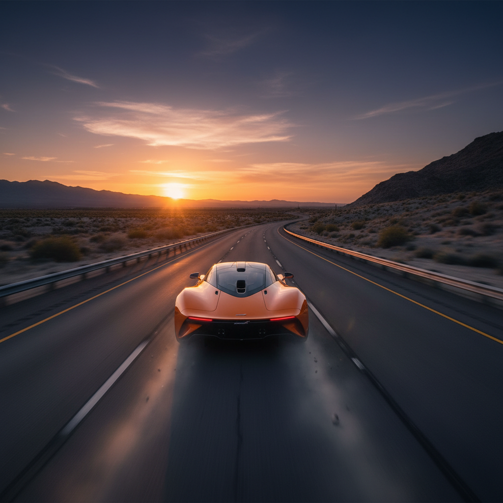 Luxury car on open road at dusk, dark atmospheric environment with deep shadows and dramatic low-key lighting