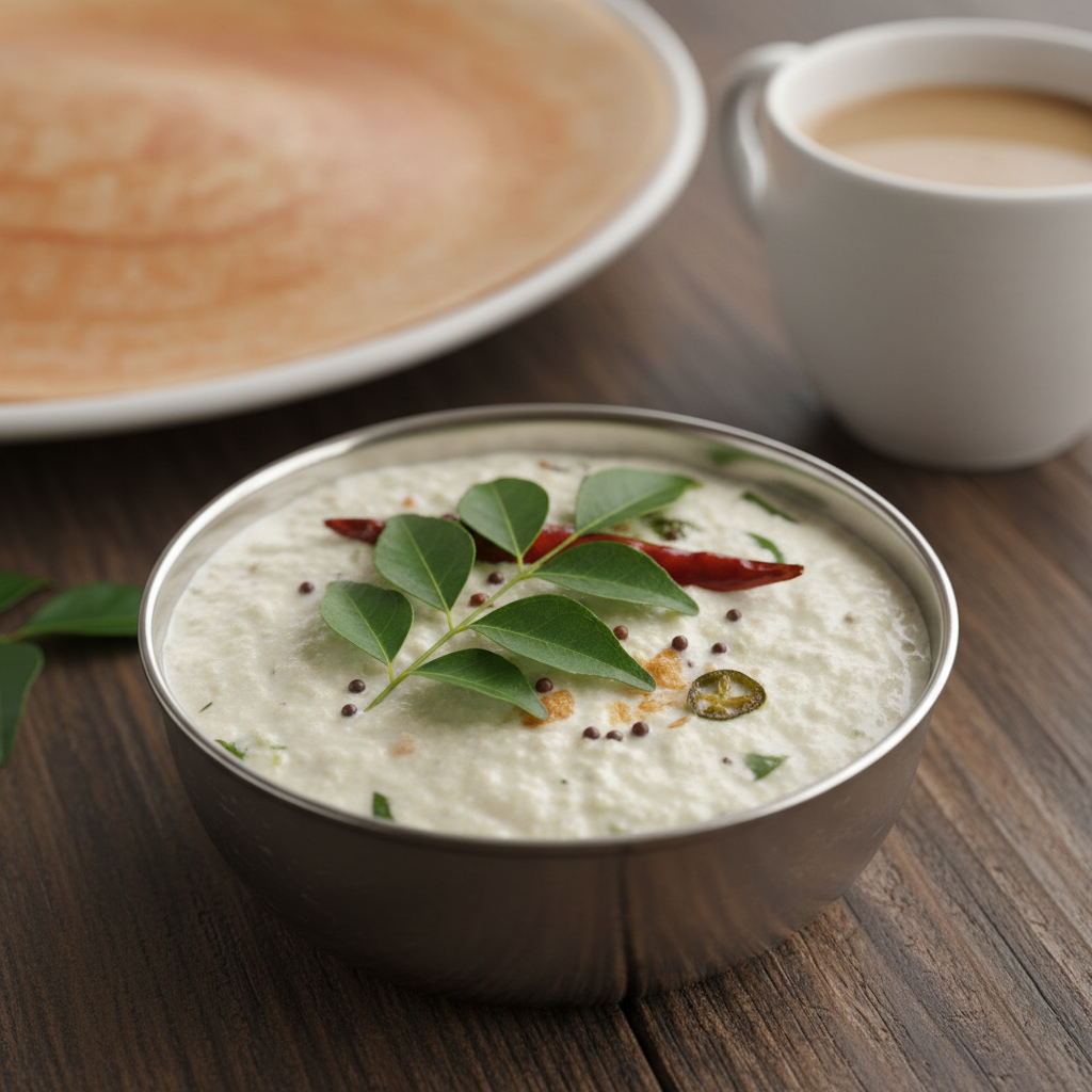 Coconut chutney in a small steel bowl with curry leaf garnish