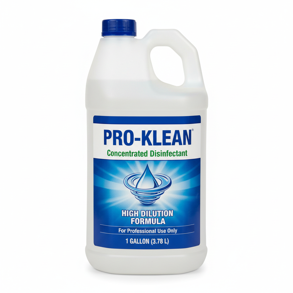 Gallon jug of professional cleaning concentrate on warehouse shelf
