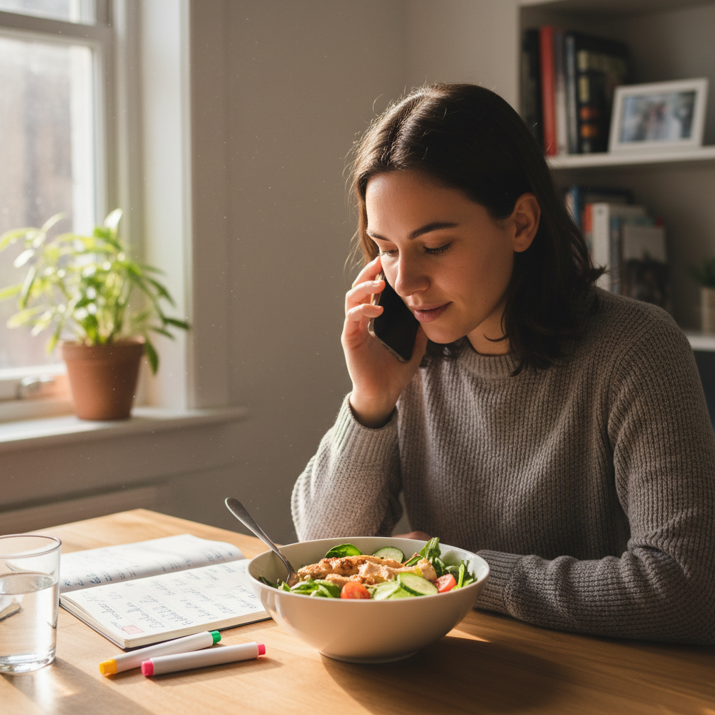 Person on phone at desk during lunch break with planner and salad, office setting
