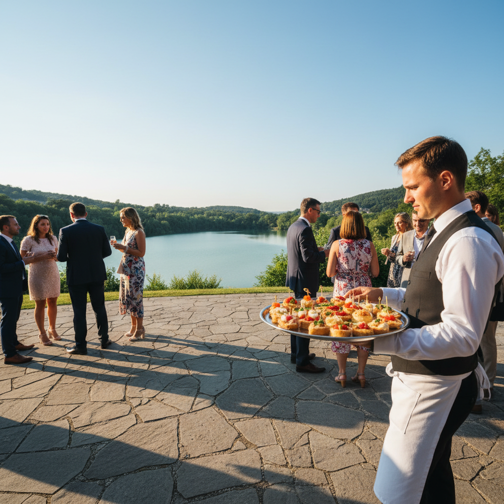 Server passing small appetizers on a tray to guests standing on a stone terrace at a summer cocktail hour with the lake visible in the background