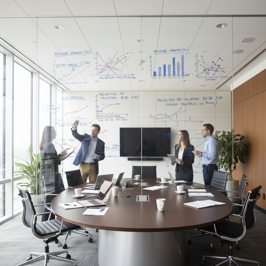 Startup team reviewing financial projections and valuation models on whiteboard