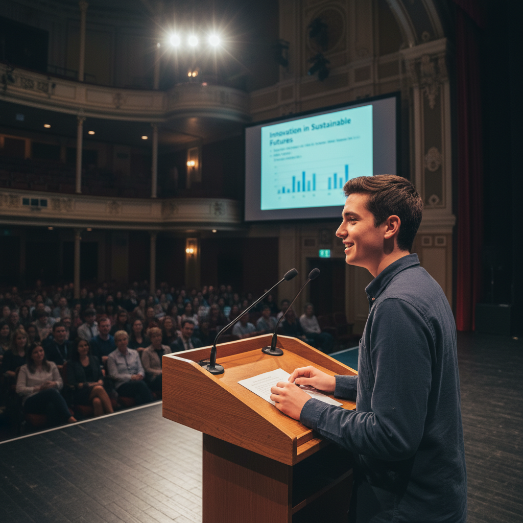 Student presenter standing at a podium in front of an audience at an academic conference