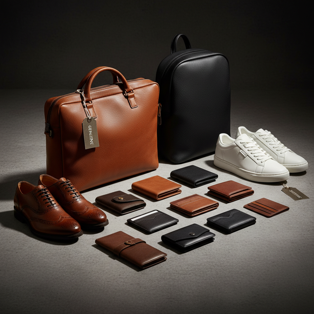 Collection of premium canvas and leather bags on dark studio surface