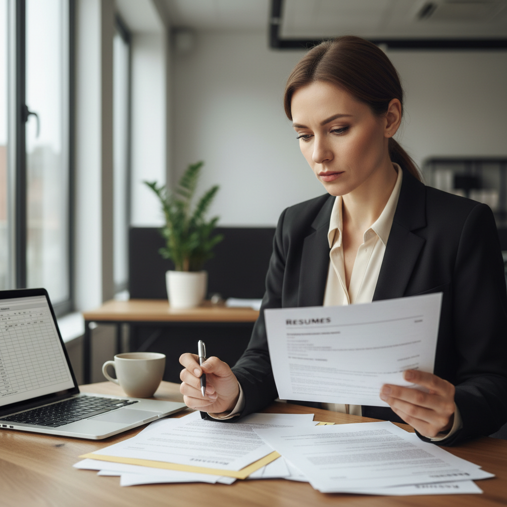 HR professional reviewing resumes and candidate profiles on a bright laptop screen