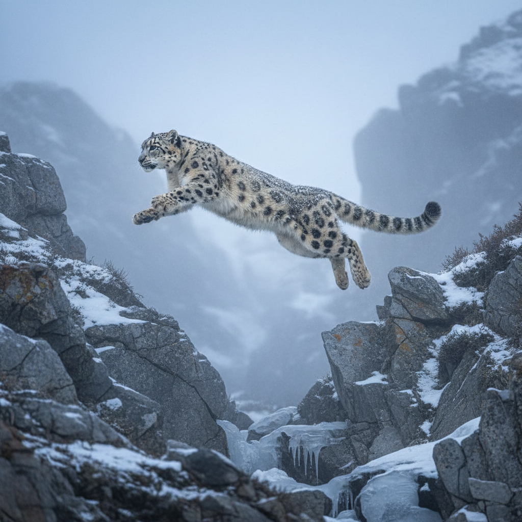 Snow leopard on rocky mountain, grey peaks in background, misty atmospheric lighting