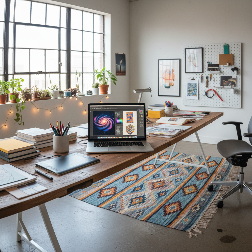 Adobe Firefly creative design tools on bright colorful designer workspace