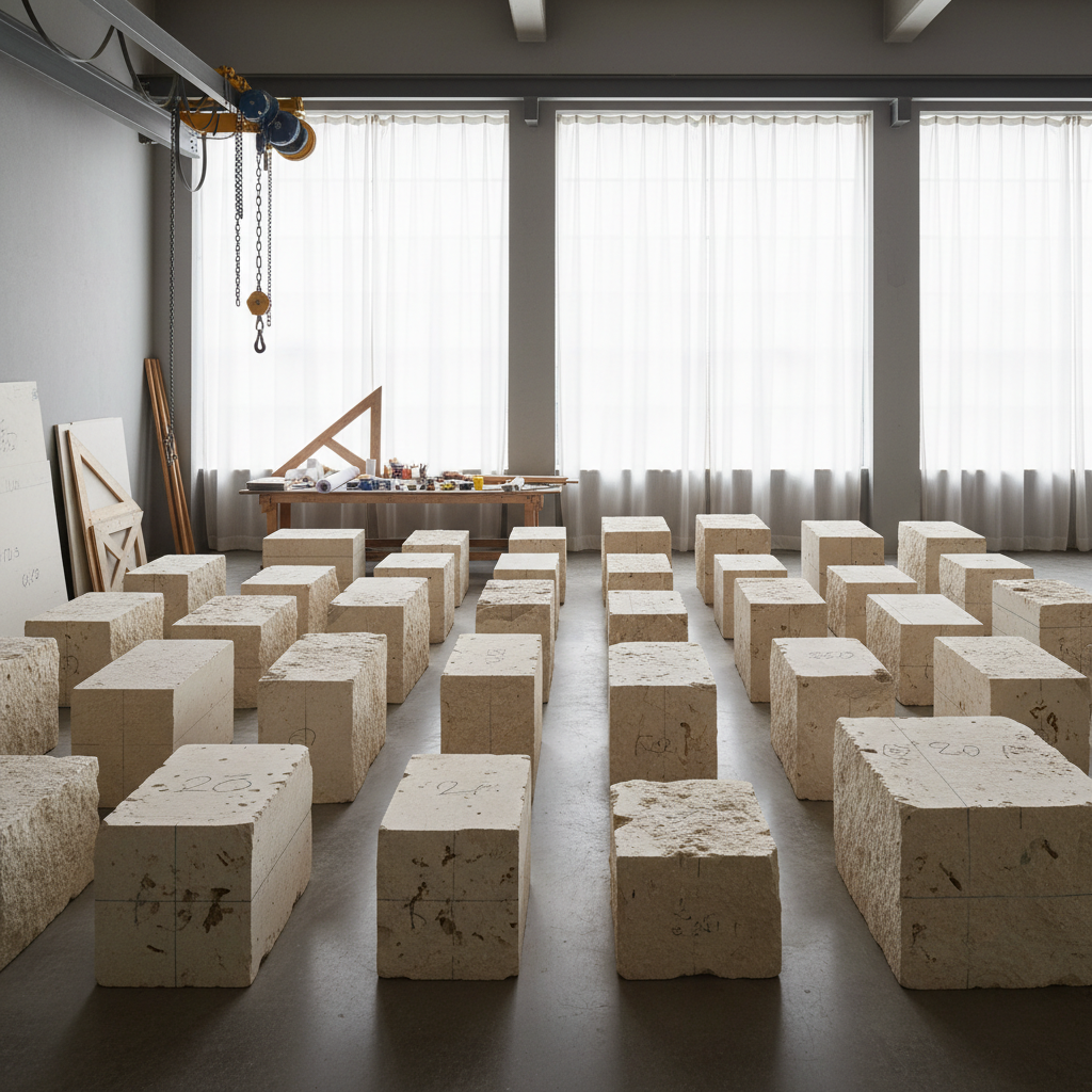 Limestone blocks arranged in studio for selection and marking
