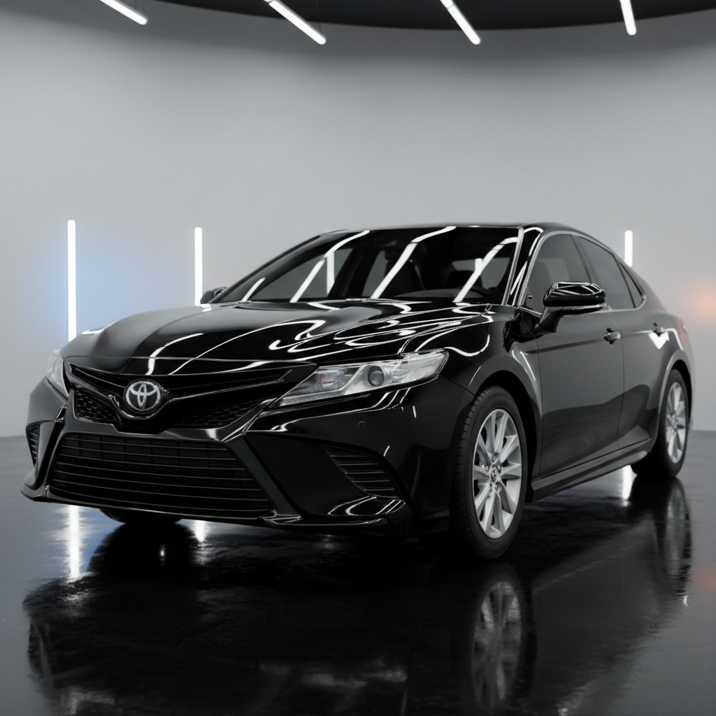 Black Toyota Camry with mirror-finish wax treatment at Suds car wash